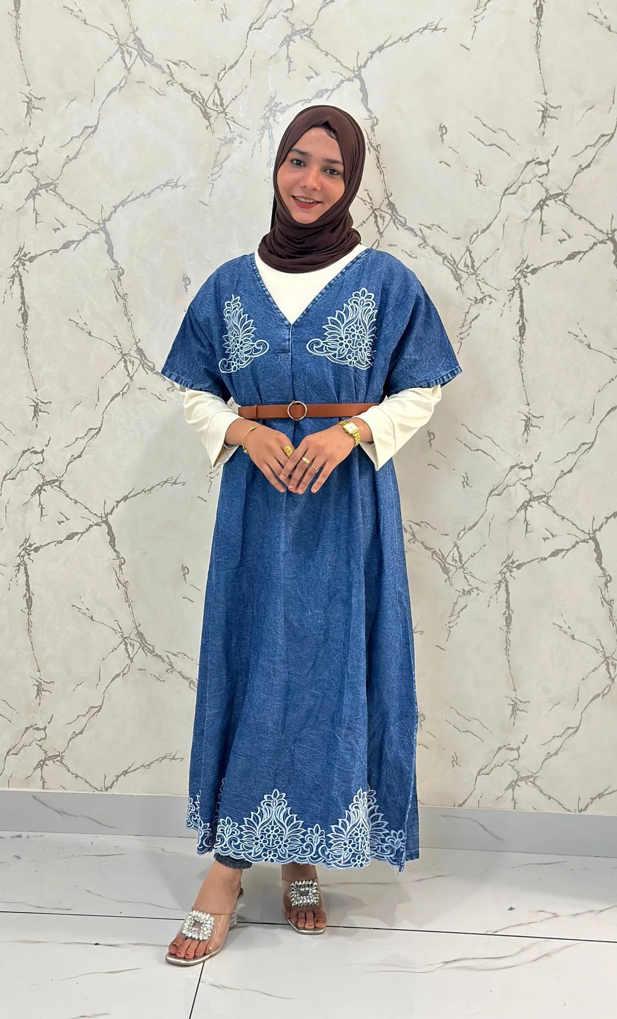 Denim Kaftan Gown with Belt & Offwhite Inner - DKG