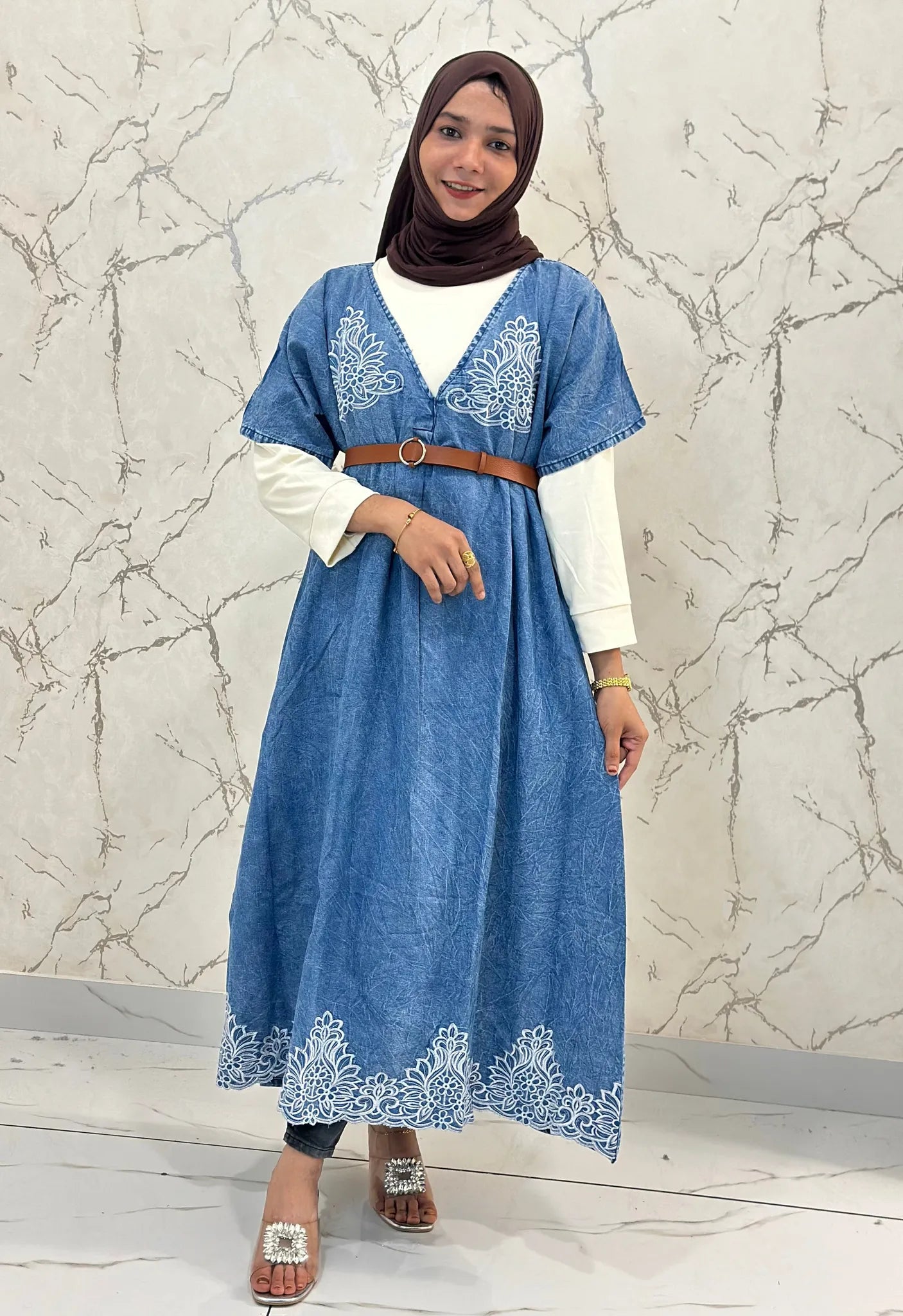 Denim Kaftan Gown with Belt & Offwhite Inner - DKG