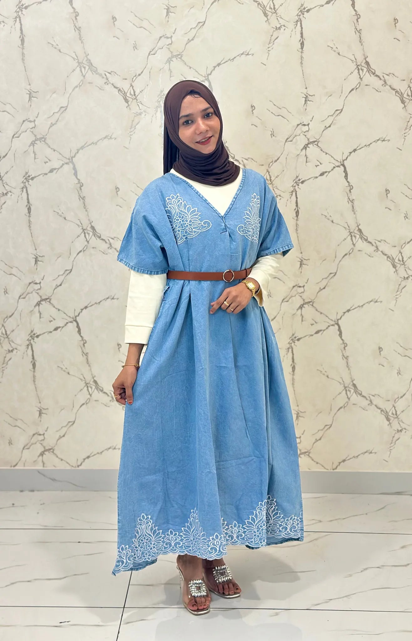 Denim Kaftan Gown with Belt & Offwhite Inner - DKG