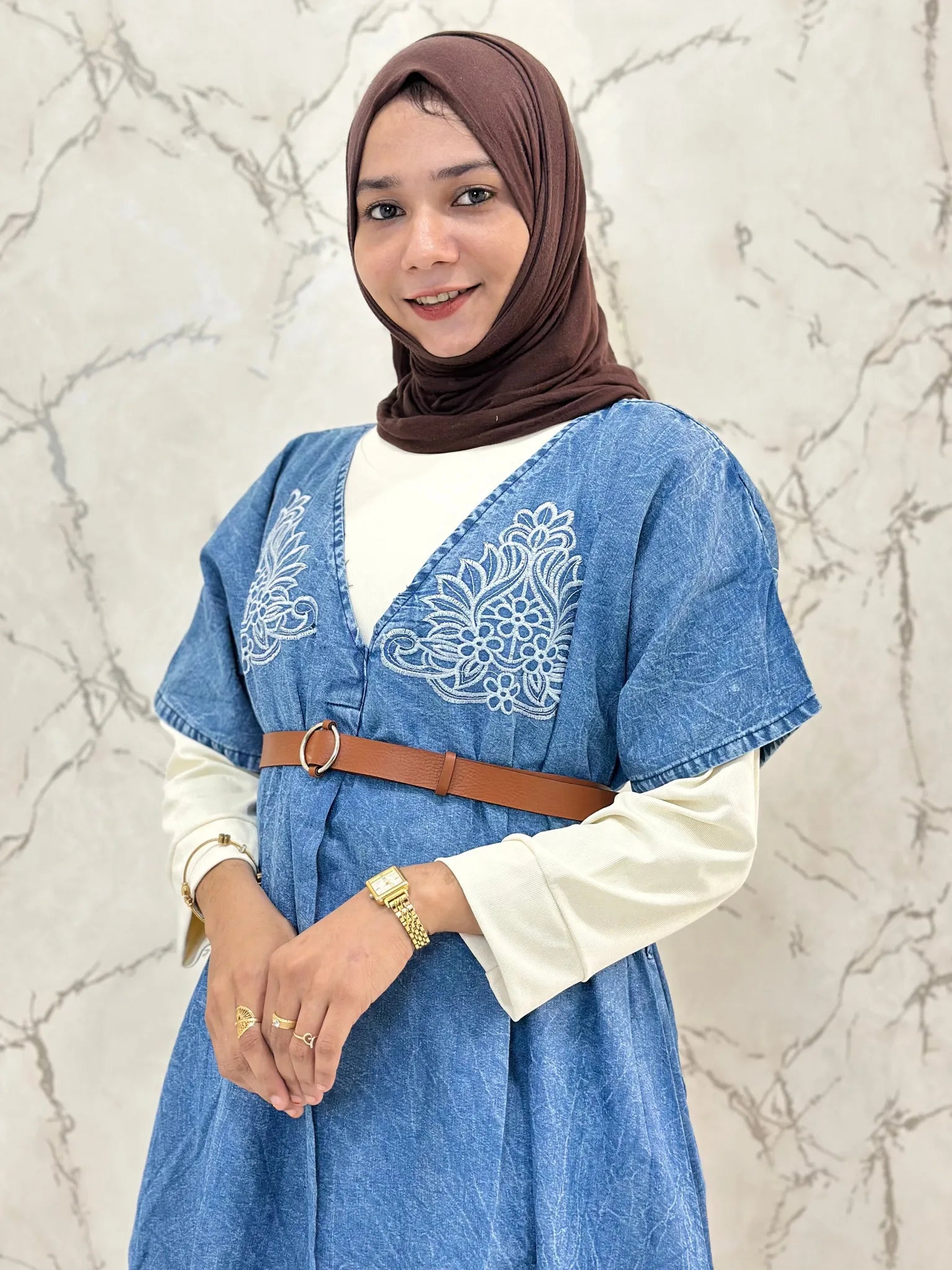 Denim Kaftan Gown with Belt & Offwhite Inner - DKG