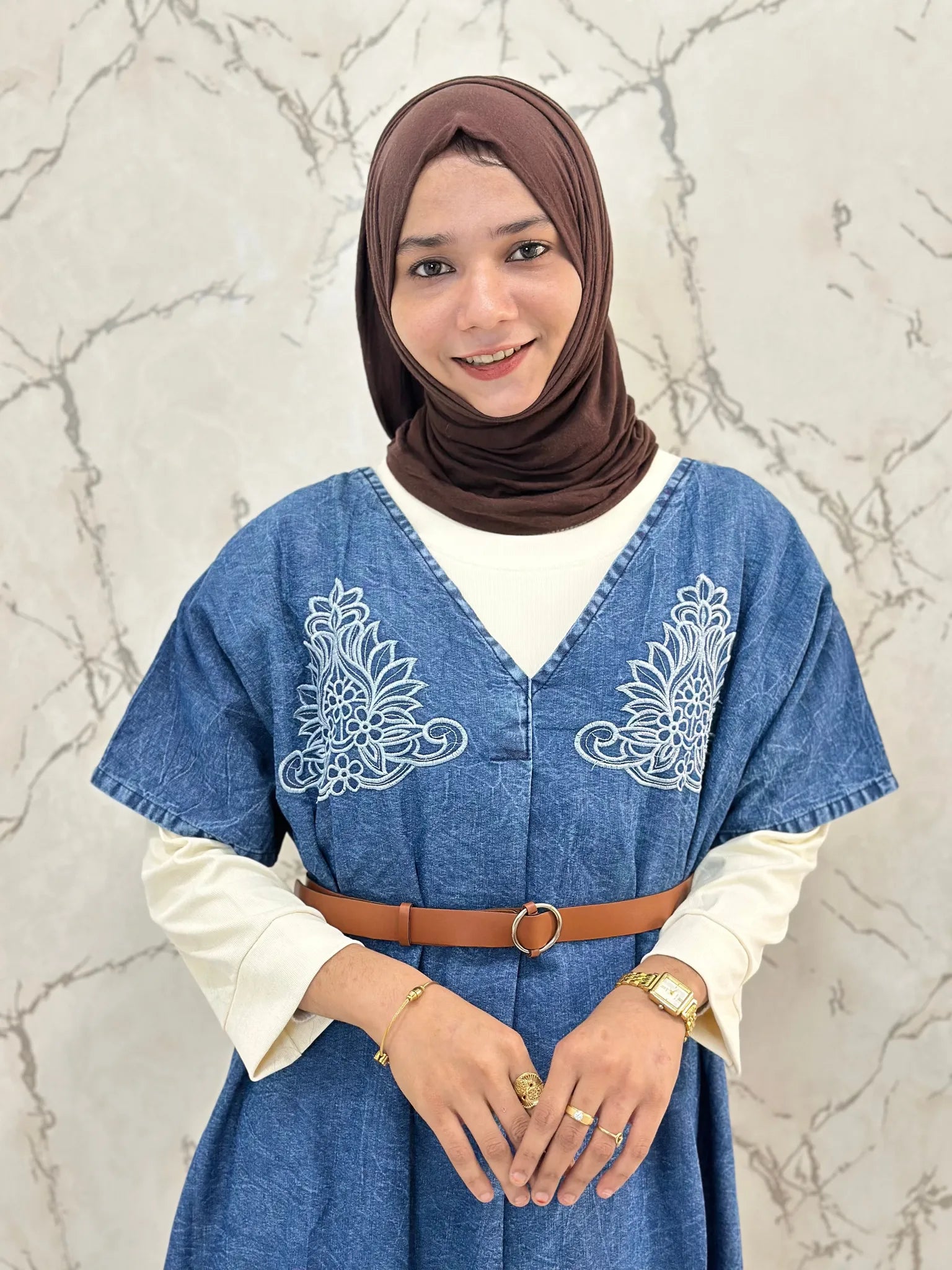 Denim Kaftan Gown with Belt & Offwhite Inner - DKG