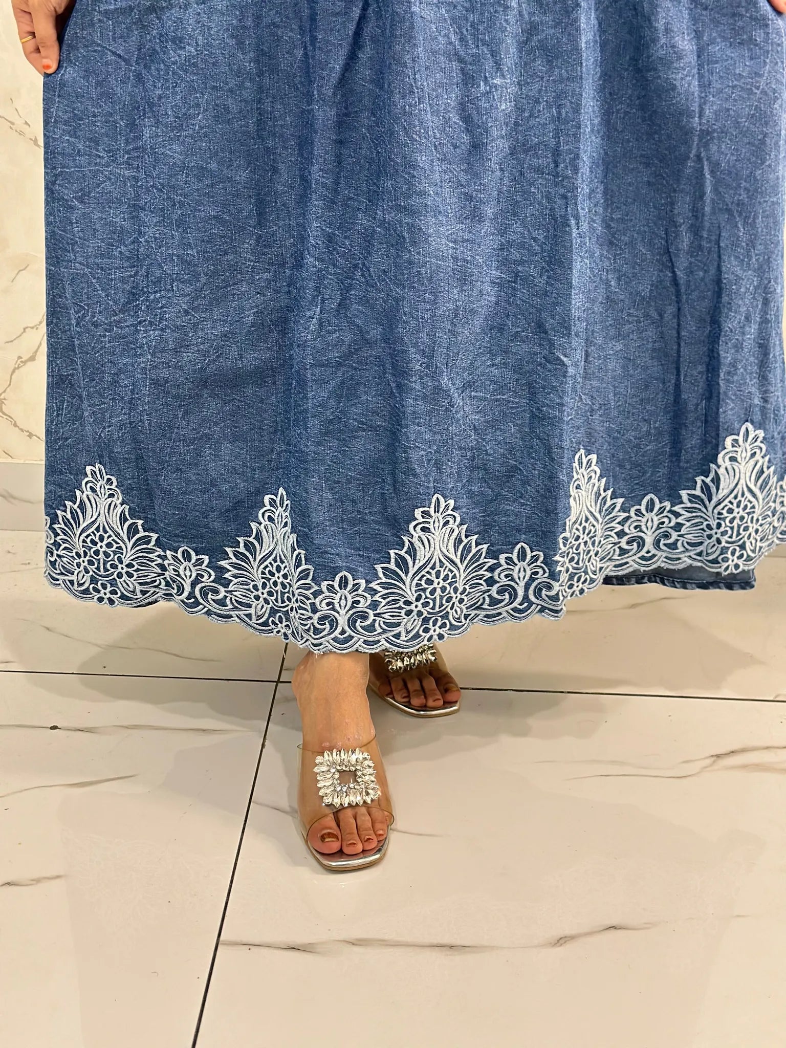 Denim Kaftan Gown with Belt & Offwhite Inner - DKG