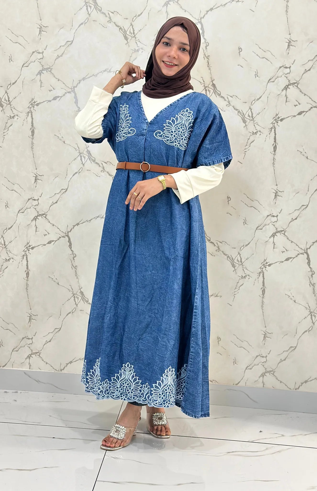 Denim Kaftan Gown with Belt & Offwhite Inner - DKG