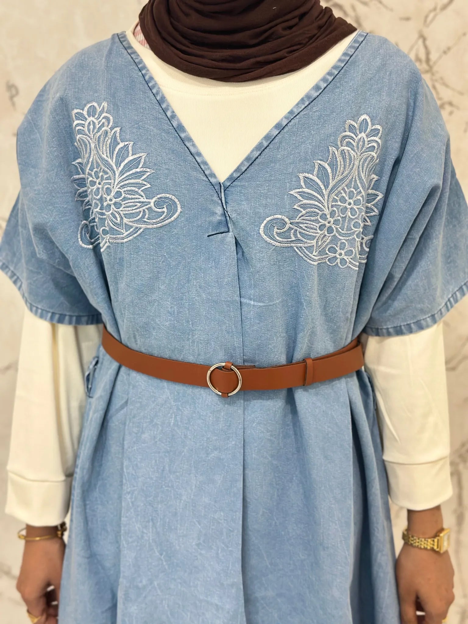 Denim Kaftan Gown with Belt & Offwhite Inner - DKG